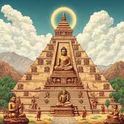 Mayan Buddhas A stylized pyramid with statues of buddhas.