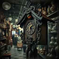 A faded image of a vintage cuckoo clock, perched ominously against a backdrop of a bustling antique shop. The clock's hands hover at midnight, and the cuckoo bird peeks out, its eyes glowing eerily, hinting at an untold tale of uncanny terror.