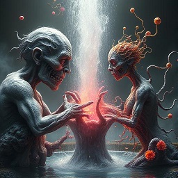 Disturbing image of a very old man and woman facing each other on either side of a fountain of youth.