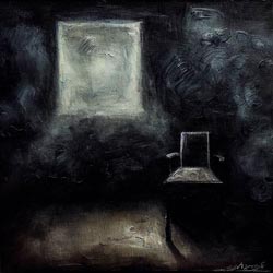 A dark and macabre oil on canvas image of an eerie tableau of silence and darkness unfolds, dominated by an empty chair shrouded in shadow; a lone window, pitch-black against a gloomy room, is the sole eye to the external world.