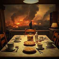 A meticulously arranged, mundane suburban breakfast table from the 1950s or early 1960s, complete with half-eaten cereal, coffee cups, and a cheerful tablecloth. However, the background and everything beyond the immediate perimeter of the table is a stark, apocalyptic war zone.