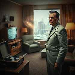 A meticulously recreated 1950s living room, filled with authentic details: a rotary phone, a tube television displaying static, a record player with a vinyl album spinning, and vintage furniture. In the foreground, a man reaches out, his hand hovering near a tangible, glowing distortion in the air.
