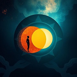 A silhouetted figure stands contemplatively between two glowing spheres—one warm orange-red and one cool pale yellow—within a geometric circular frame, surrounded by deep teal-blue space, symbolizing the balance between scientific precision and human complexity in genetic editing ethics.