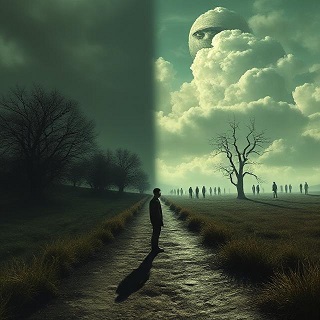 Man standing between landscapes of light and darkness.