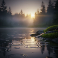 Raindrops on a pond in the early morning.