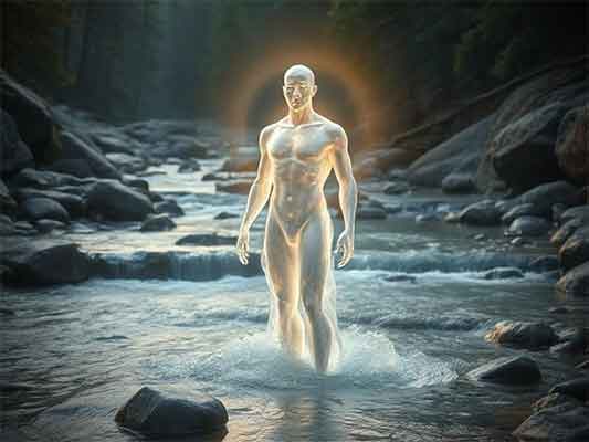 A personified embodiment of Honesty as a luminous, crystalline figure emerging from or standing within a landscape of purifying elements—water, stone, and light.